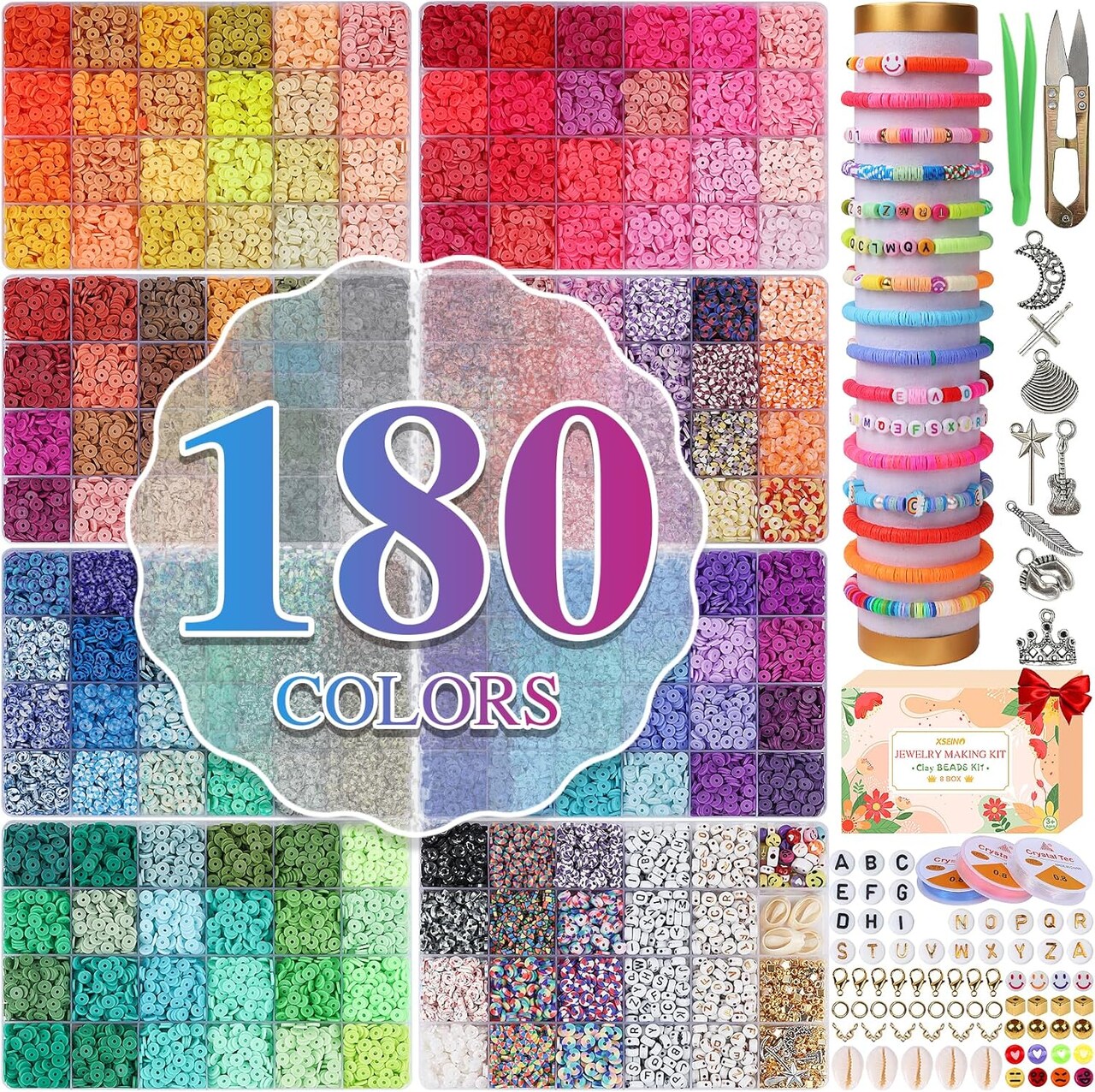 33000Pcs Clay Beads Bracelet Making Kit - 180Colors 8Boxes Polymer Clay Beads and 2 Styles Letter Beads,with Rich Jewelry Making Accessories and 3 Rolls Crystal Cord, for Crafts Christmas Gifts